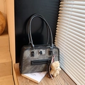 Retro grey tote bag with black handles, front zipper pocket and plush bear charm - With Pendant / Black
