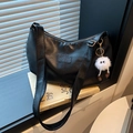 Classic black crescent tote bag with fashion label and white plush monster charm - With Pendant / Black