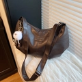 Dark brown faux leather tote bag with wide strap and cute white monster keychain charm - With Pendant / Brown