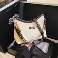 Beige canvas crescent underarm bag with brown leather trim and beaded charm detail - With Pendant / Off White / Large