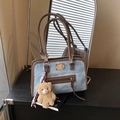 Retro denim underarm bag in light blue with brown leather trim and bear charm - With Pendant / Blue