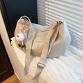 Chic cream white large tote bag with zipper and cute plush monster pendant charm - With Pendant / White