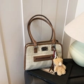 Retro beige and brown paneled shoulder bag with cute bear charm and metal plate - With Pendant / Khaki