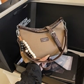 Brown canvas underarm bag with vintage beads decoration and leather shoulder strap - With Pendant / Brown / Large