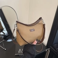 Khaki canvas shoulder bag with brown leather trim and metallic buckle accents - With Pendant / Brown / Small
