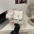 Mochila a cuadros beige con estampado de oso de dibujos y colgante de perrito - Con Colgante / Blanco