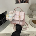 Mini mochila de cuadros rosas con motivos de osos y llavero de perro de peluche blanco - Con Colgante / Rosa