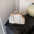 Pink silk jacquard handbag with bamboo pattern, gold frame and pearl snap closure - White