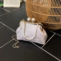 Pink satin evening clutch with Chinese landscape print and pearl handle chain strap - Pink