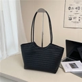 Minimalist black woven tote bag with V-shaped pattern and long shoulder straps - Black