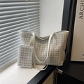 Tweed Tragetasche und kleine Tasche Set in Weiß-Gold-Karo mit Kunstlederriemen - Weiß