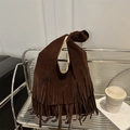 Borsa a tracolla marrone scuro in camoscio con frange e manico annodato vintage - Marrone
