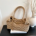 Beige textured boucle tote bag with brown leather straps for elegant daily commute - Furry Brown
