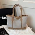 Bolso tote grande de lona beige con ribete de cuero marrón y asas dobles para mujer - Caqui