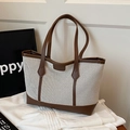Bolso tote de lona crema minimalista con ribete de cuero marrón oscuro y gran capacidad - Marrón