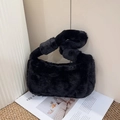 Furry black underarm bag for women with stylish knotted handle and soft plush texture - Black