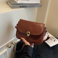 Classic dark brown vintage leather square shoulder bag with gold twist lock and adjustable strap - Brown