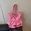 Bolso tote de cuadros rosa y blanco con elegantes volantes dobles y cierre de cordón - Estilo Vichy Rosa Y Blanco Con Volantes / Rosa