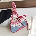 Blue denim and red checkered patchwork underarm bag with lace trim and apple patch - Red Plaid + Light Blue Denim