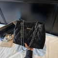 Chic black quilted tote bag with gold chain strap and logo for daily office commute - Black