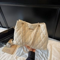 Elegant white quilted tote bag with golden chain strap and rhombus pattern finish - White