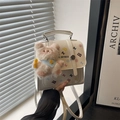 White minimalist mini faux leather backpack with colorful B print and cute bear charm - With Pendant / White