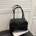 Minimalist black matte leather tote bag with slim shoulder straps and hidden pocket - Black