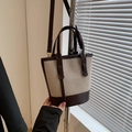 Mini bolso tipo cubo en lona beige con ribetes de cuero sintético marrón oscuro - Marrón