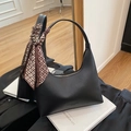 Fashionable black hobo underarm bag with a decorative scarf and minimalist leather design - Black