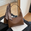 Brown leather underarm bag with decorative silk scarf and fashion logo detail - Brown