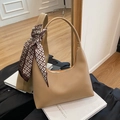 Deep beige faux leather hobo bag featuring a stylish printed silk scarf on the handle - Khaki
