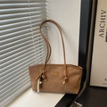 Brown faux suede shoulder bag with wood bead charm and minimalist retro design style - With Pendant / Brown