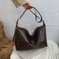 Large capacity dark brown faux leather shoulder bag with vintage gold buckle detail - Brown