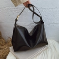 Chic black large capacity tote bag in polished faux leather with gold buckle detail - Black