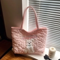 Pink heart quilted tote bag featuring a cute white dog embroidery and large capacity - Pink