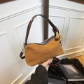 Borsa baguette in pelle scamosciata marrone e vernice con dettagli dorati e manico tondo - Marrone