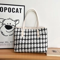 Sac fourre-tout en toile à carreaux noir et blanc avec poignées en cuir crème - Blanc