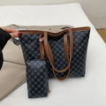 Dunkelblaue Monogramm-Einkaufstasche mit braunen Griffen und passender kleiner Tasche - Schwarz