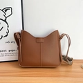 Brown PU leather hobo bag with thin straps and decorative geometric woven wide band - Yellow Brown
