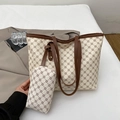 Retro Beige-Braun gemusterte große Tragetasche im Set mit passender kleiner Tasche - Weiß