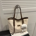 Retro Canvas Tote Bag mit braunem Lederbesatz und süßem weißen Wolkenanhänger - Mit Anhänger / Weiß