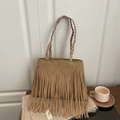 Böhmische Fransen-Tasche in Camel-Wildlederoptik mit dekorativen gewebten Schultergurten - Khaki
