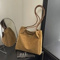 Grande borsa shopper marrone caramello con manici intrecciati e scritte minimaliste - Marrone