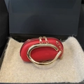 Chic red mini evening clutch bag with circular gold handle and fine chain strap - Red