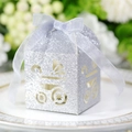 Scatola di caramelle argento glitterata con ritaglio di carrozzina e nastro blu - Argento Glitterato