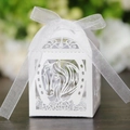 White laser-cut wedding candy box with horse and rose pattern and white ribbon bow - White