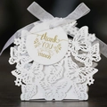 Laser cut white wedding favor box with gold butterfly tag and thank you ribbon - White