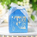 Blue glitter laser-cut wedding favor box with Mr & Mrs silhouette and white ribbon - Glitter Royal Blue