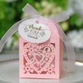 Pink heart laser-cut candy gift box with light pink ribbon and thank you tag - Pink