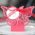 Pink hollow butterfly candy box with red ribbon and gold thank you tag for weddings - Pearlescent Red